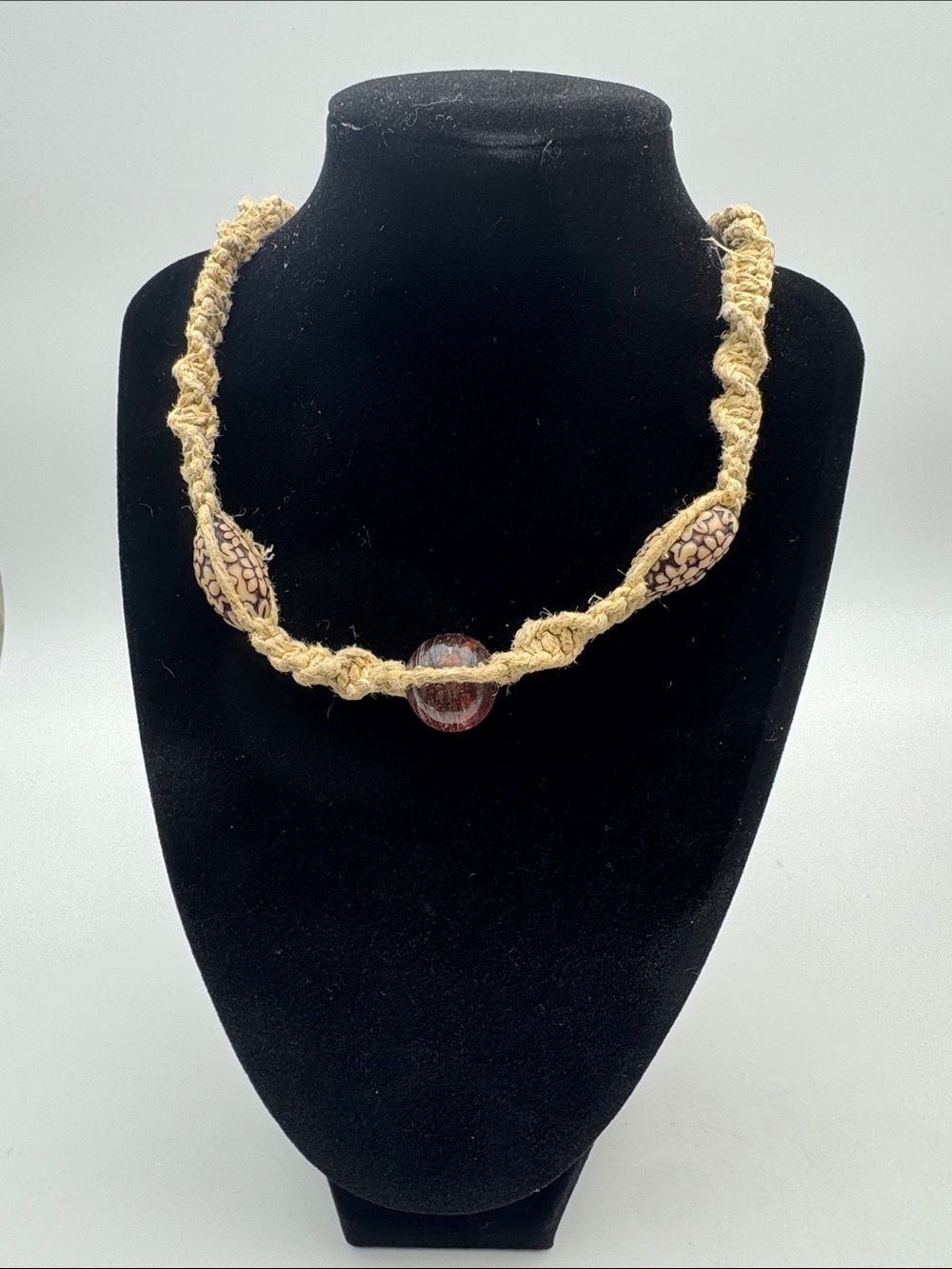 Handmade Yellow Hemp Necklace with Amber Glass and Seed Bead Accents
